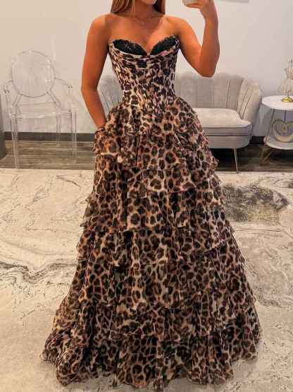 Brown Leopard Print Tiered Ruffle Long Prom Dress
