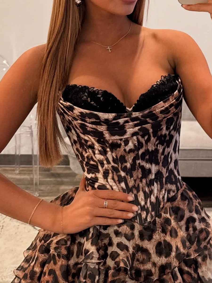 Brown Leopard Print Tiered Ruffle Long Prom Dress