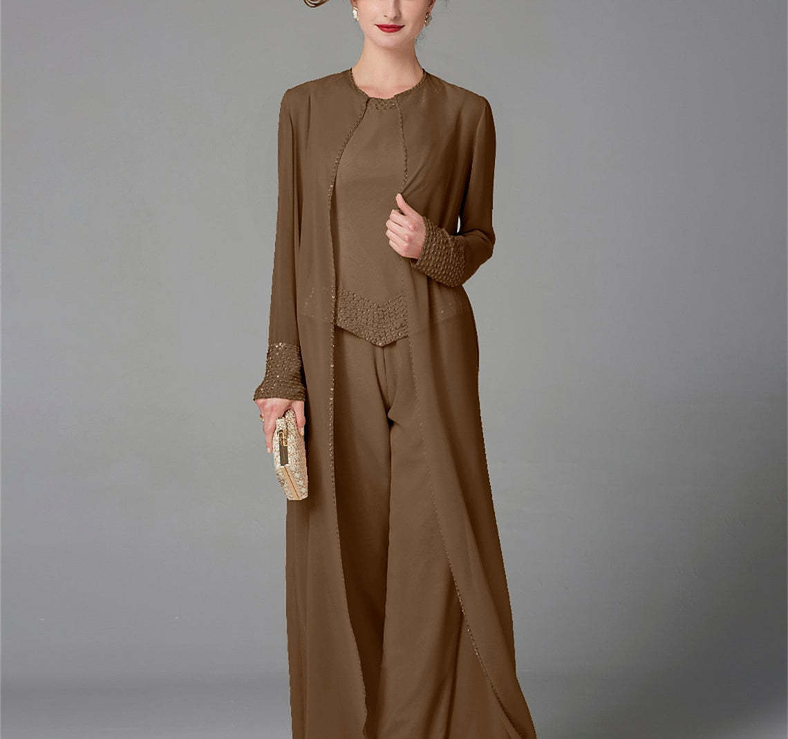 Long-Sleeve Chiffon Mother of the Bride Pantsuit with Jacket and Sequins-BMbridal