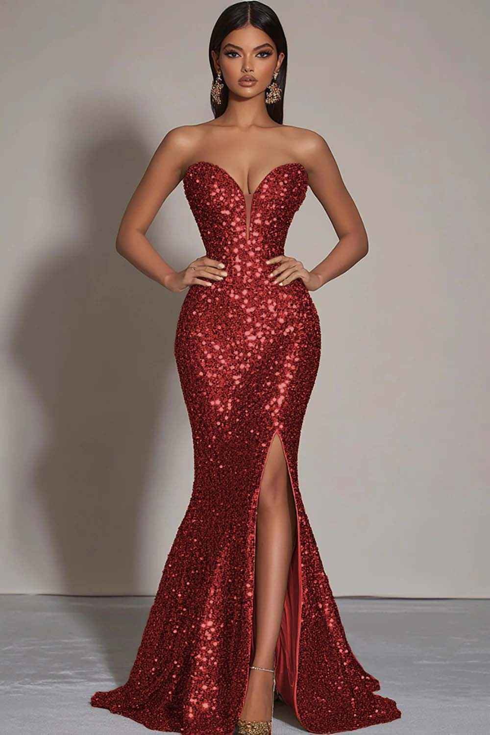 Sparkly Gold Sequins Mermaid Strapless Long Formal Dress with Slit