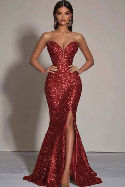 Sparkly Gold Sequins Mermaid Strapless Long Formal Dress with Slit