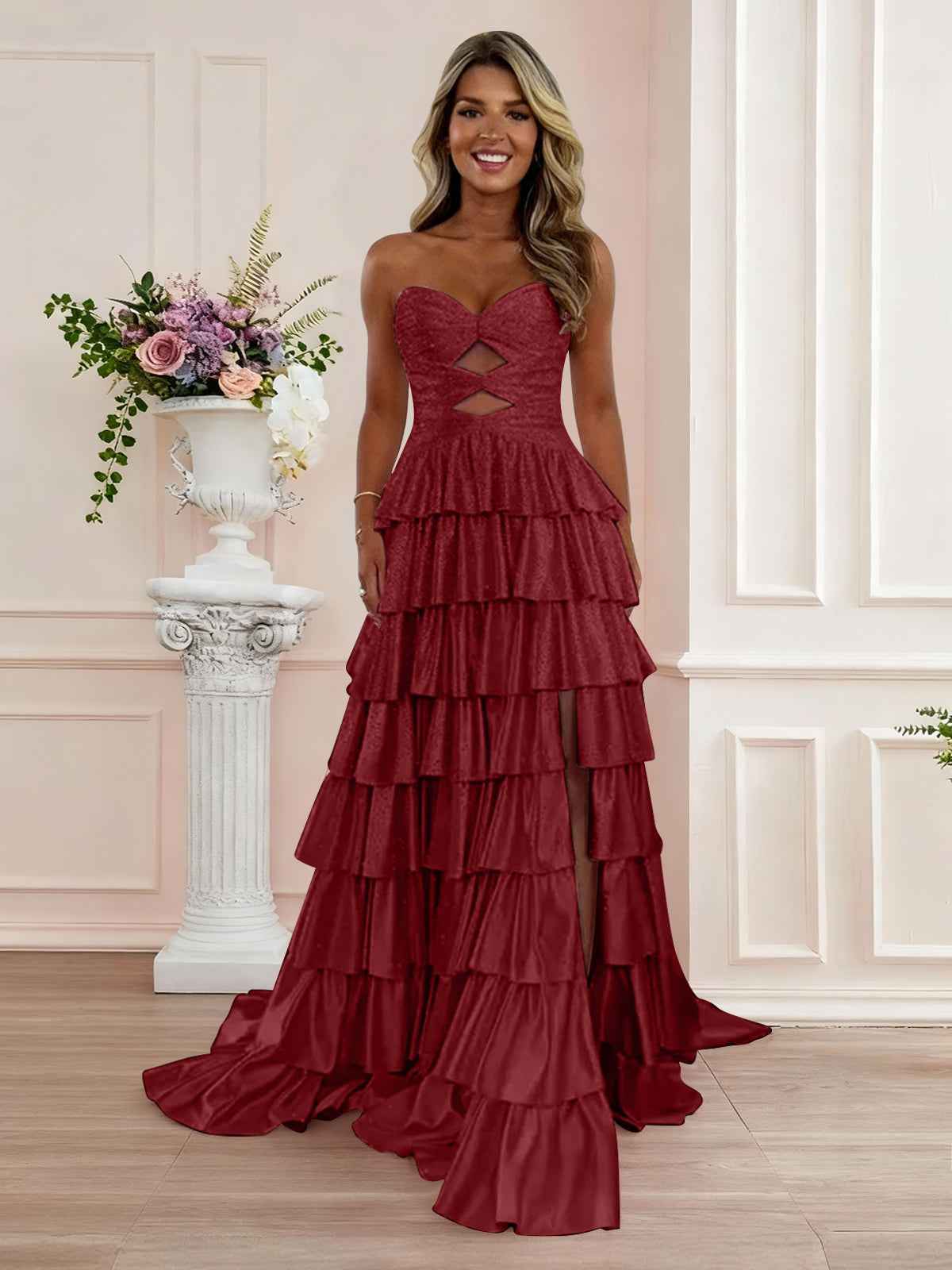 A Line Strapless Sweetheart Satin Prom Dress with Keyhole