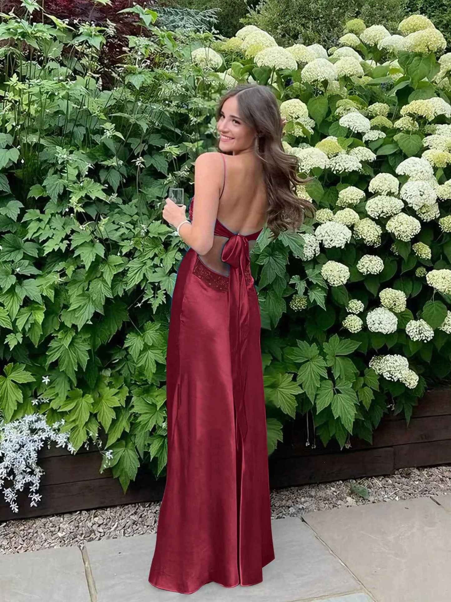 Blue A Line V-neck Beaded Back Tie Long Prom Dress