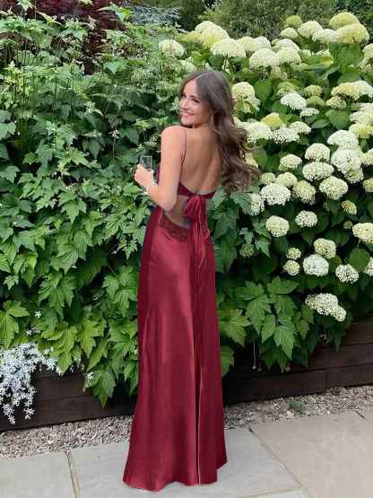 Blue A Line V-neck Beaded Back Tie Long Prom Dress