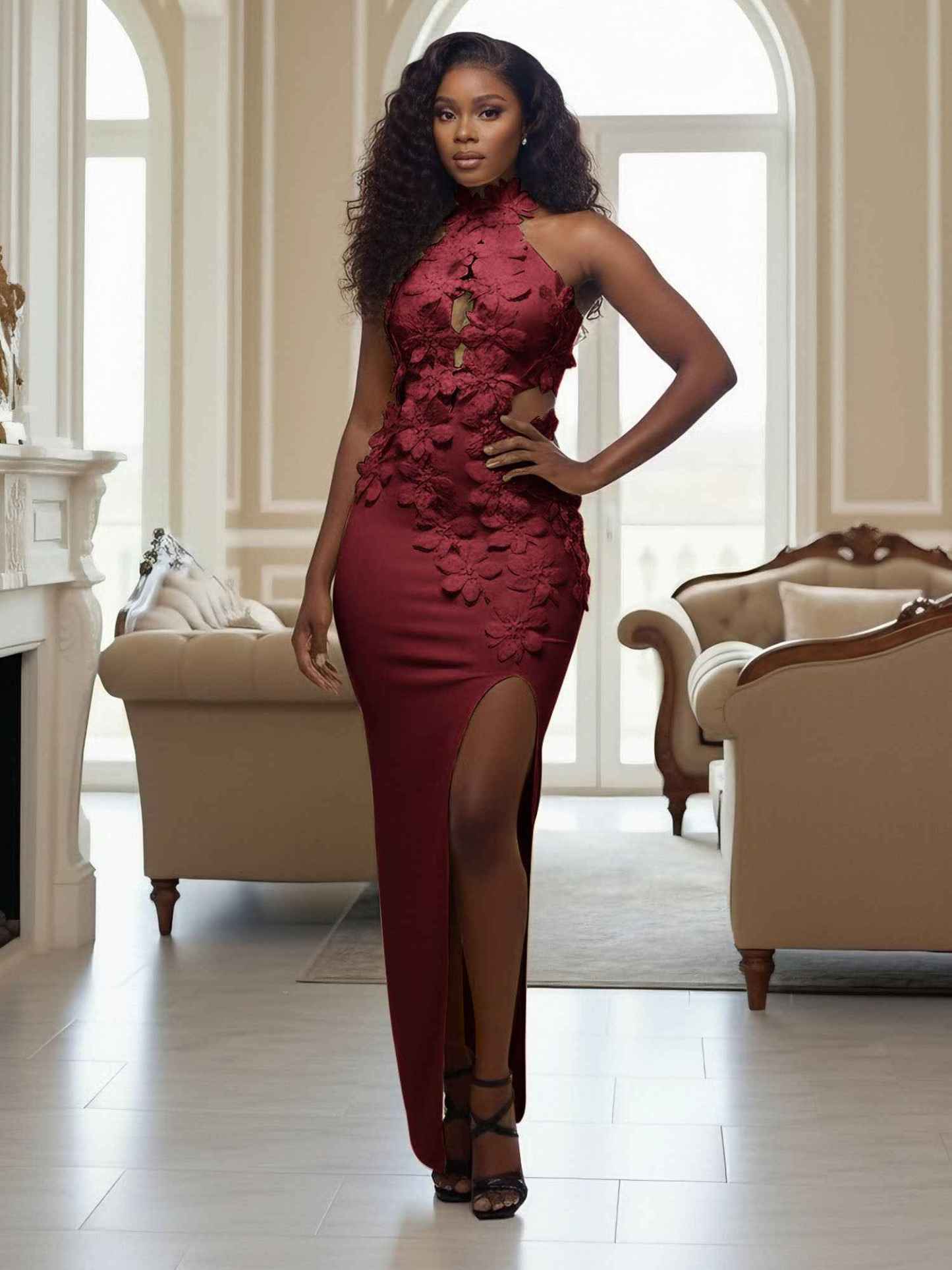 Yellow Halter Neck 3D Flower Mermaid Long Prom Dress with Slit