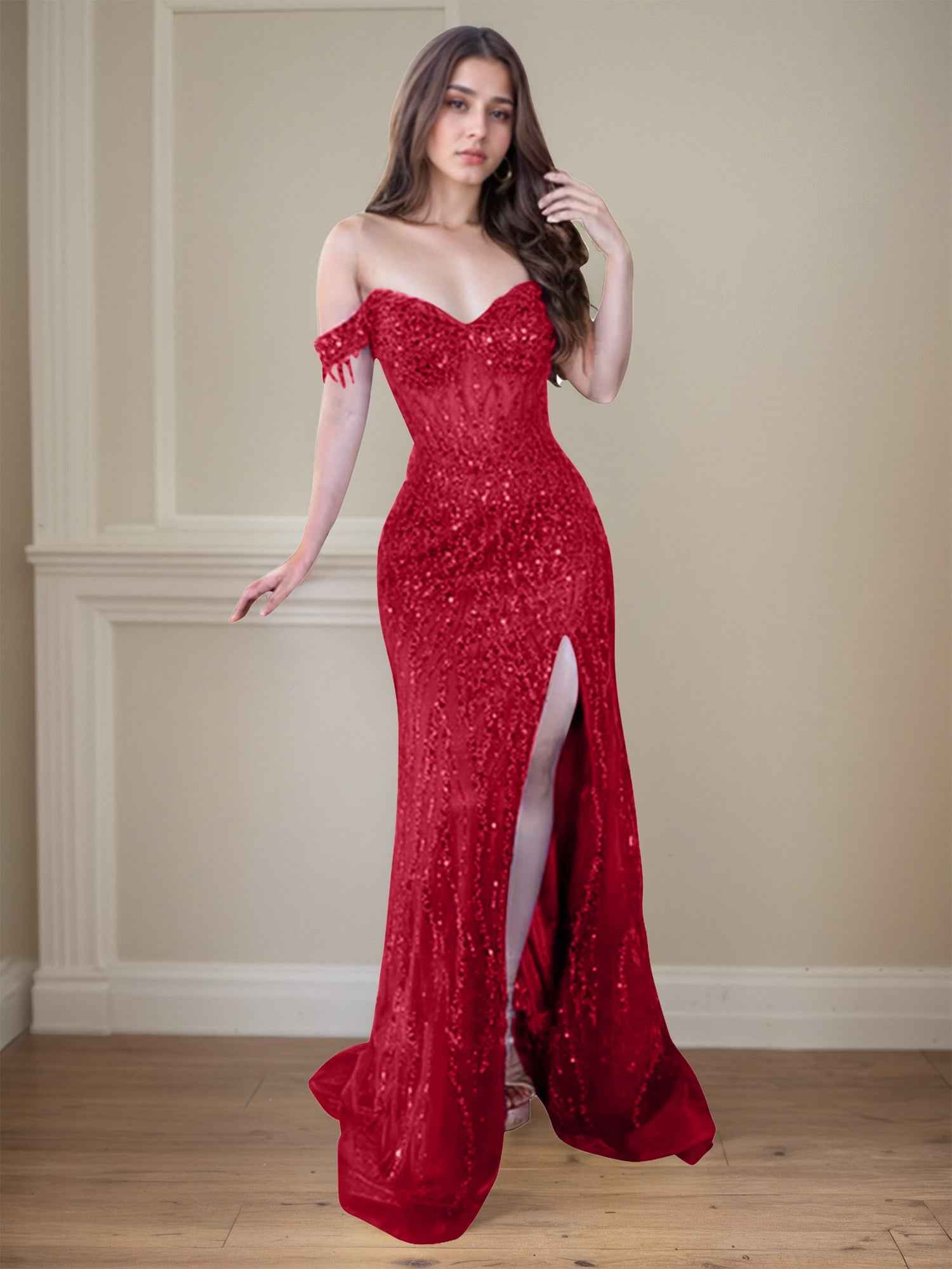 Red Off-the-Shoulder Beaded Tulle Long Prom Dress with Swirling Sequins