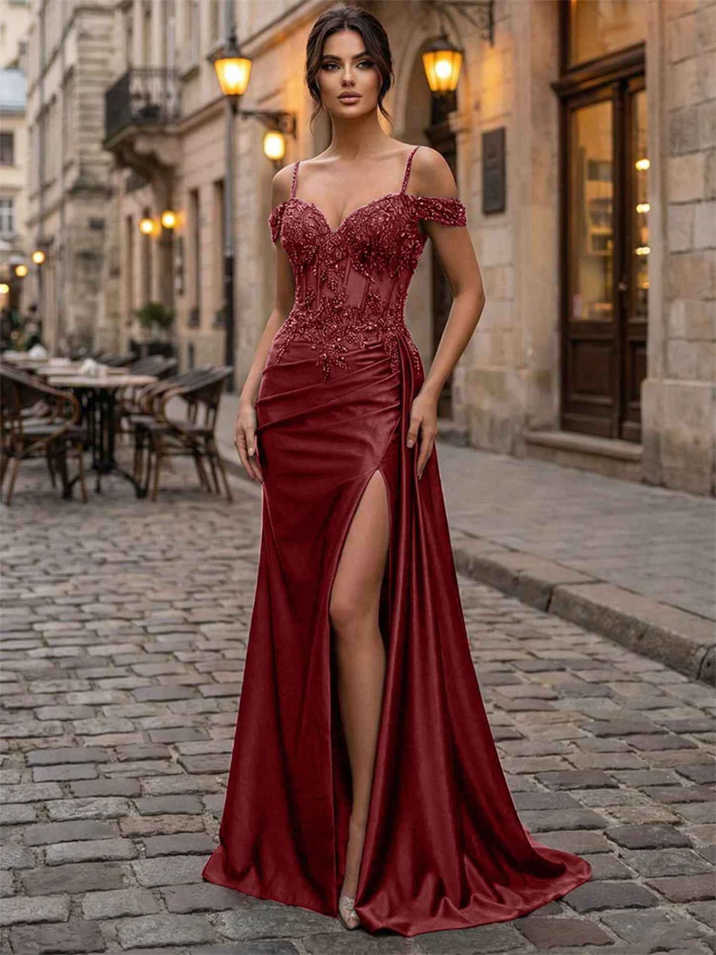 Emerald Green Beaded Corset Satin Long Prom Dress