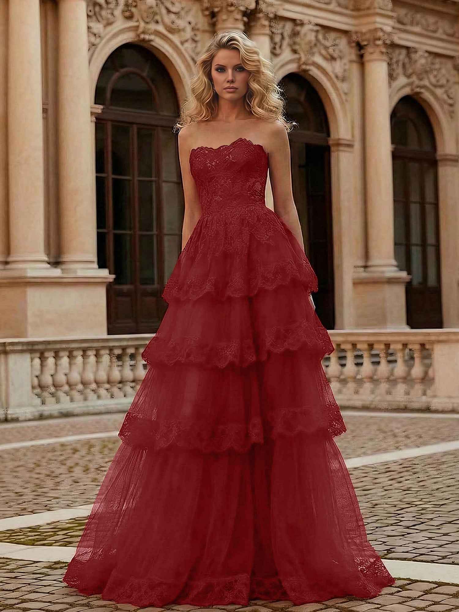 Red Tiered Tulle Strapless Lace Bodice A-Line Long Prom Dress
