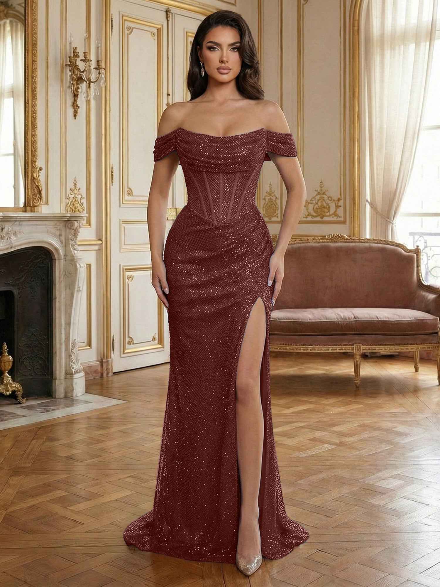Sequin Off-the-Shoulder Corset Bodice Long Prom Dress with Slit