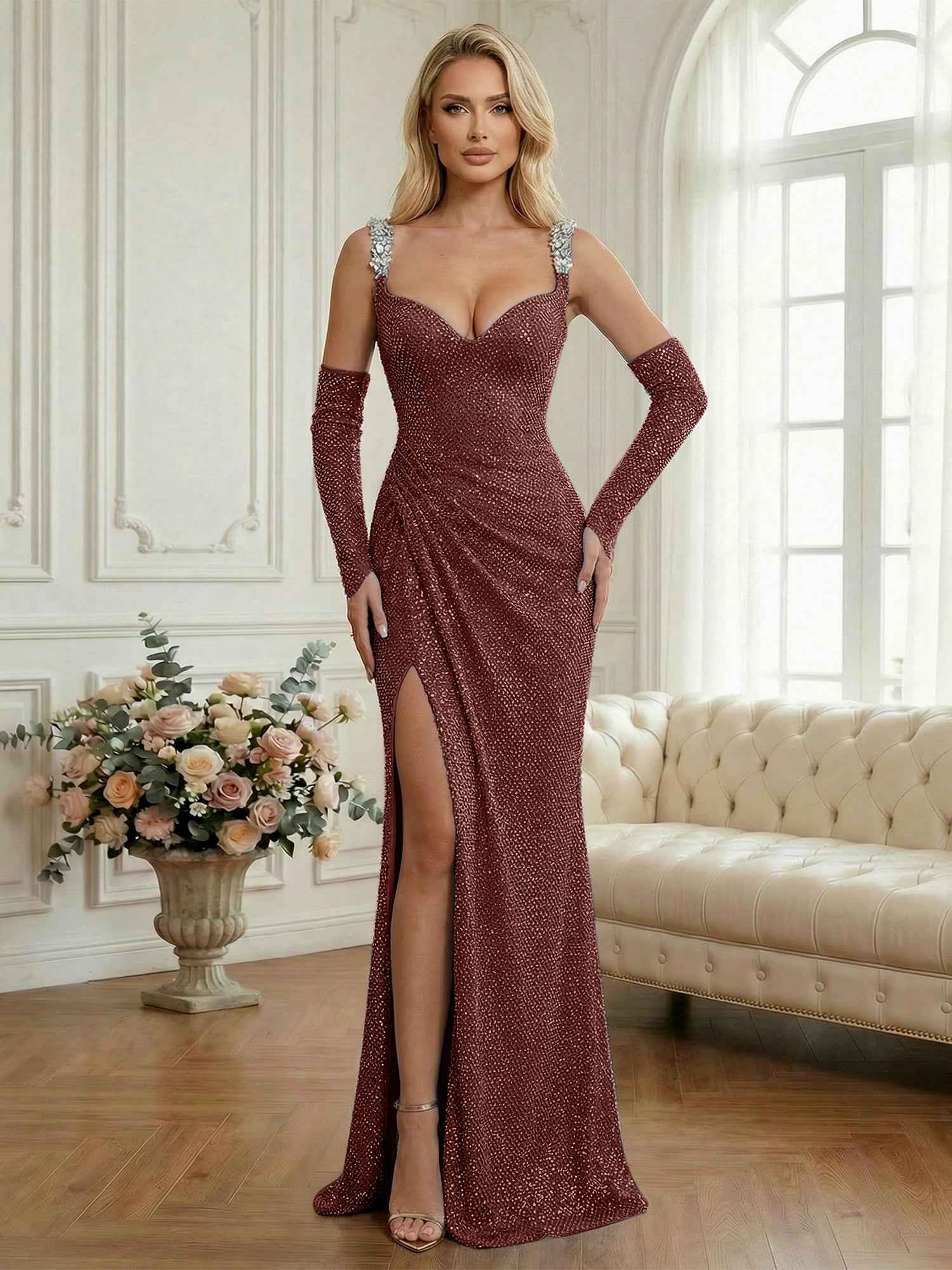 Light Blue Sequin Mermaid Matching Opera Gloves Long Prom Dress with Slit