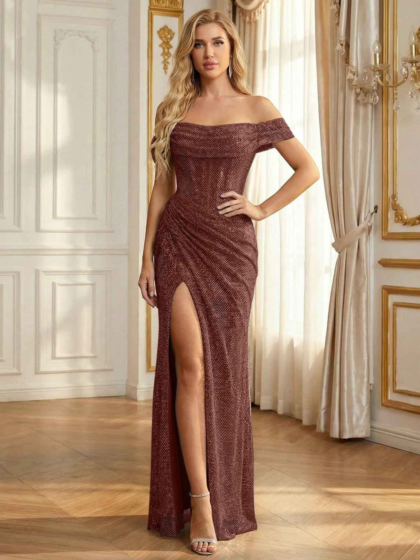 Sparkly Off-the-Shoulder Mesh Ruched Bodice Long Prom Dress with High Slit