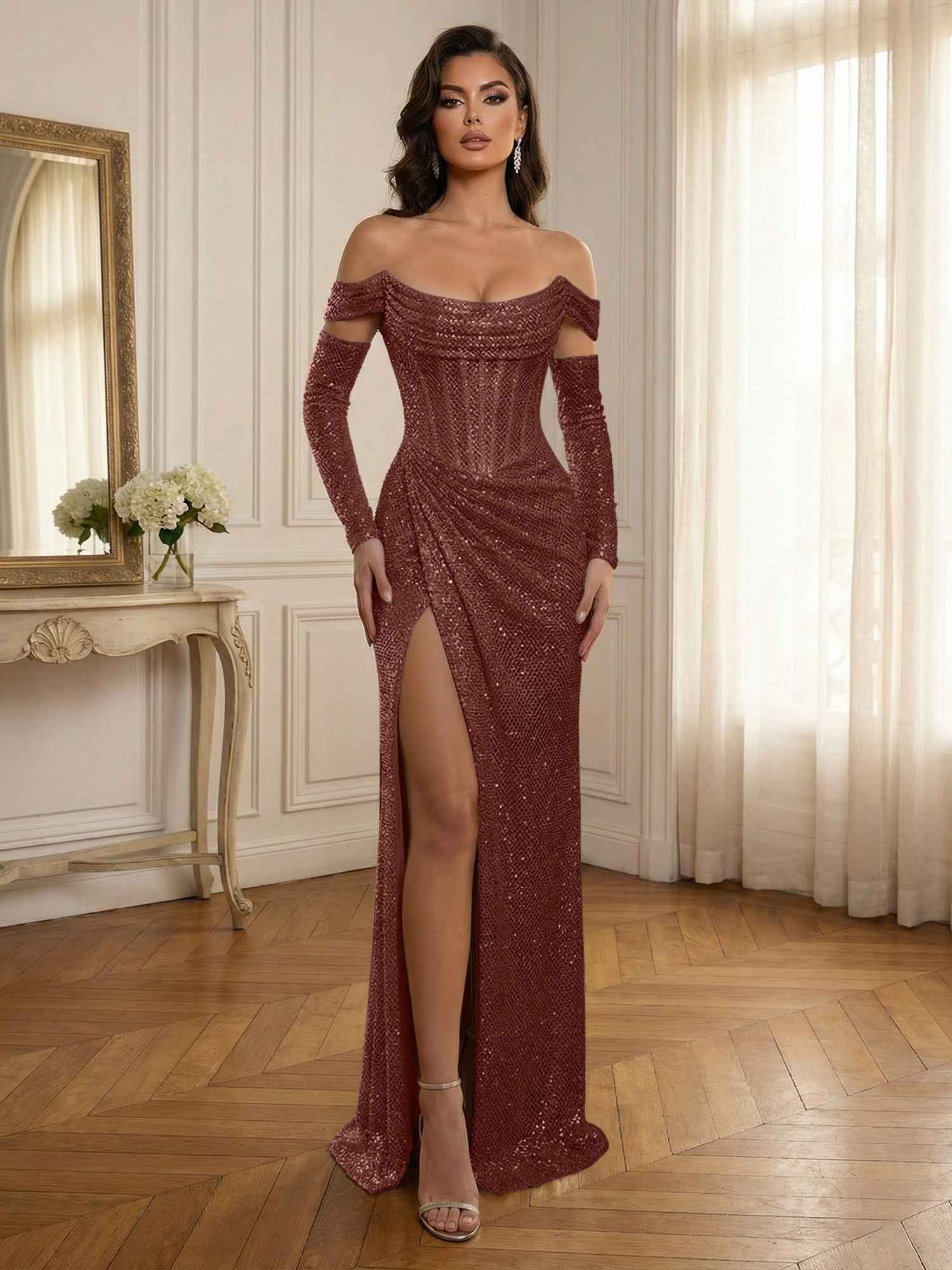 Silver Sequin Off-the-Shoulder Long Sleeves Corset Prom Dress with Slit