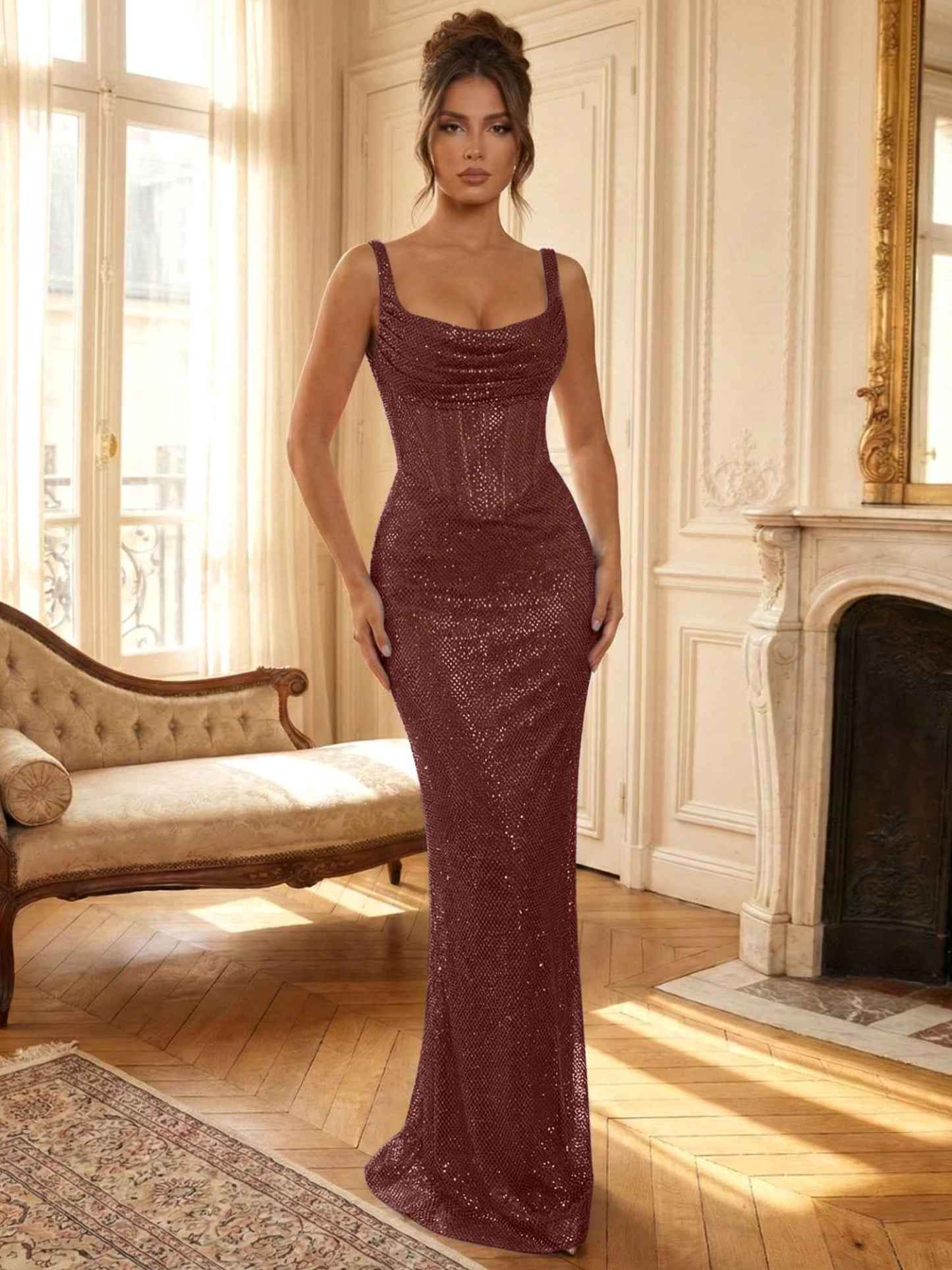 Sparkly Blue Shimmer Cowl Neck Corset Prom Dress