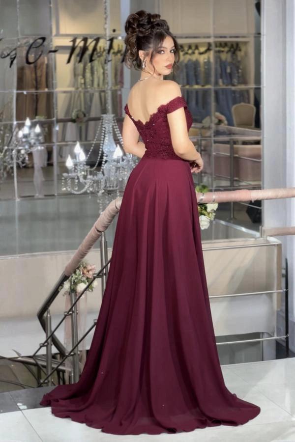 Burgundy A-Line Prom Dress Off Shoulder Sweetheart Lace Beaded Corset Chiffon High Slit Formal Evening Gown with Sweep Train