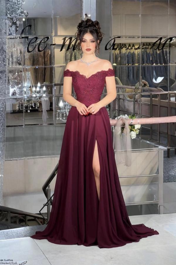 Burgundy A-Line Prom Dress Off Shoulder Sweetheart Lace Beaded Corset Chiffon High Slit Formal Evening Gown with Sweep Train