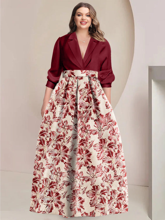 Printed Flower Plus Size A-Line/Princess Shirt Collar Mother of the Bride & Groom Dresses with 3/4 Sleeves