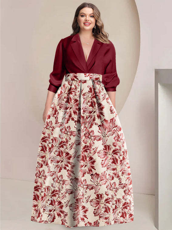 Printed Flower Plus Size A-Line/Princess Shirt Collar Mother of the Bride & Groom Dresses with 3/4 Sleeves