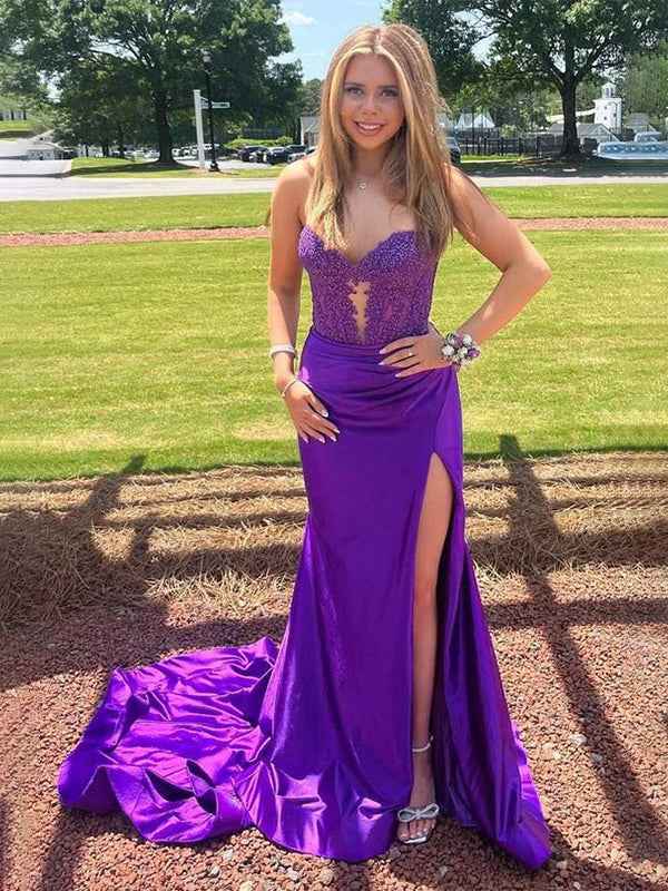 Burgundy Mermaid Sweetheart Applique Ruched Prom Dress with Slit