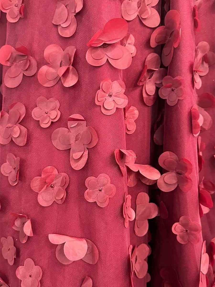 Burgundy 3D Floral Applique| Corset Prom Dress with Slit