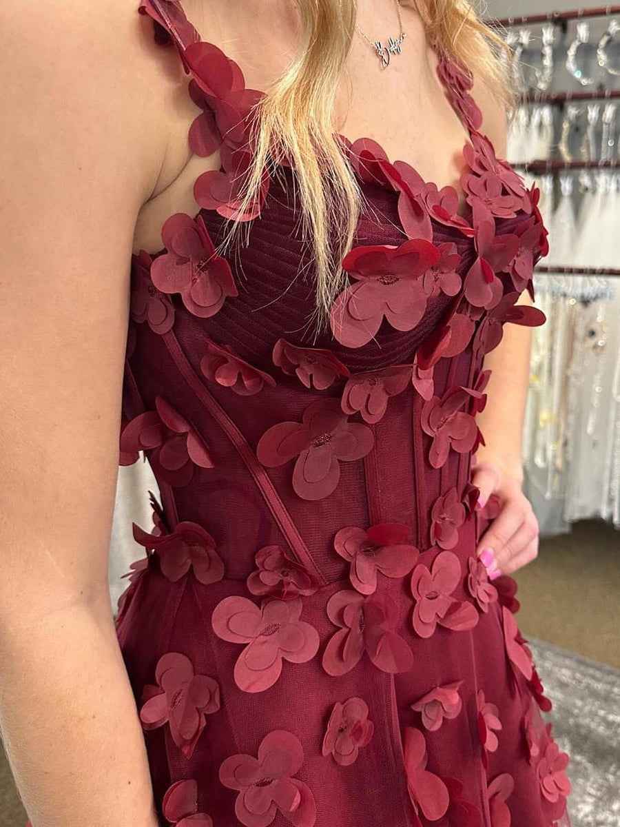 Burgundy 3D Floral Applique| Corset Prom Dress with Slit