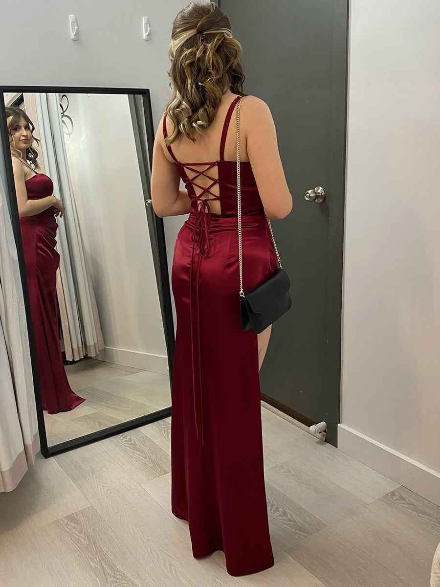 Burgundy Satin Spaghetti Strap Ruched Prom Dress with High Slit