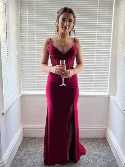 Burgundy Spaghetti Strap Floral Lace Bodice Prom Dress with Slit