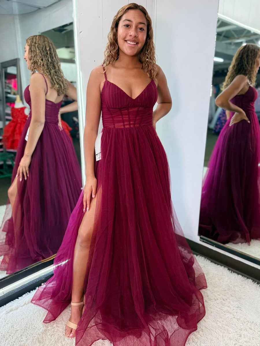 Burgundy Tulle Corset A-Line Long Prom Dress with High Slit