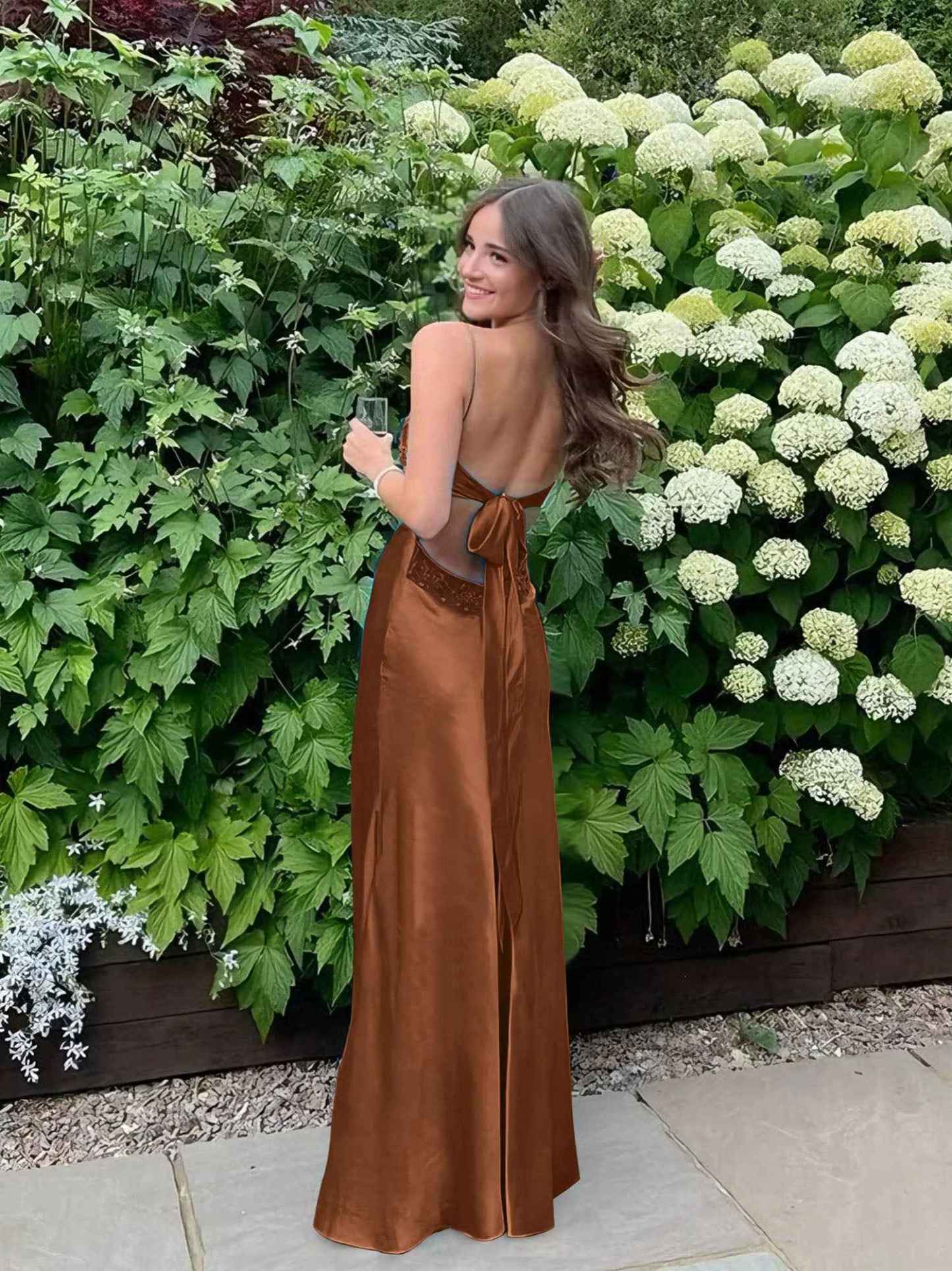 Blue A Line V-neck Beaded Back Tie Long Prom Dress