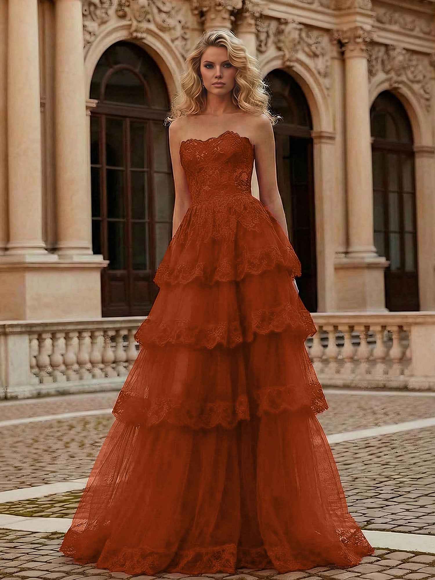 Red Tiered Tulle Strapless Lace Bodice A-Line Long Prom Dress