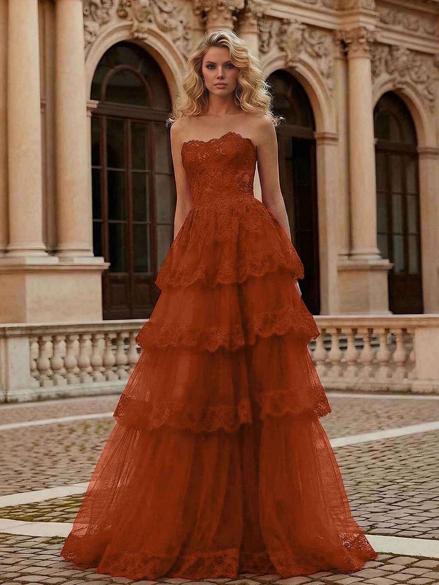 Red Tiered Tulle Strapless Lace Bodice A-Line Long Prom Dress
