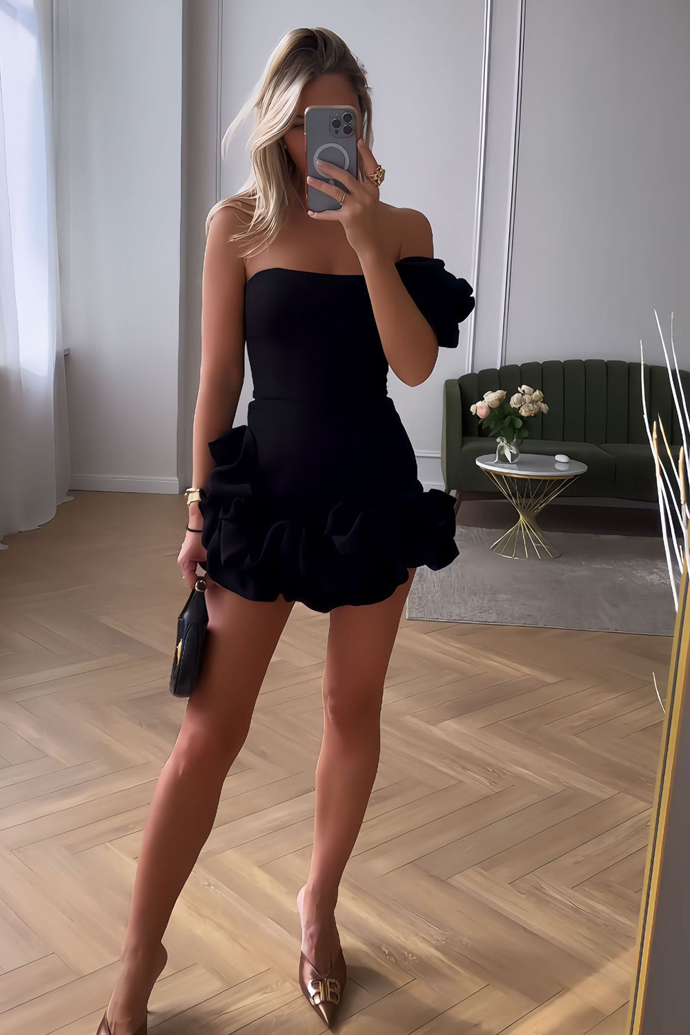 Black One Shoulder Ruffled Tight Short Homecoming Dress-BMbridal