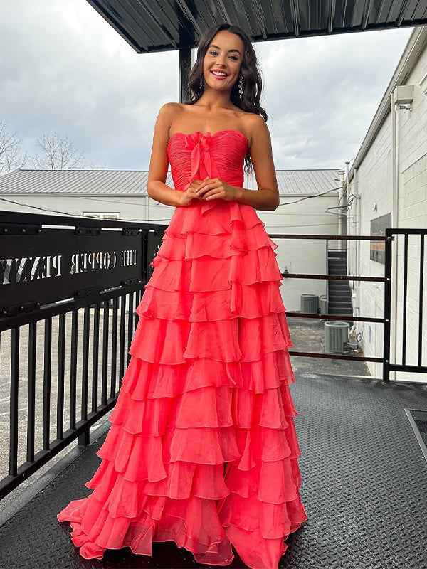 Fuchsia A-Line Sweetheart Chiffon Tiered Long Prom Dress with Slit