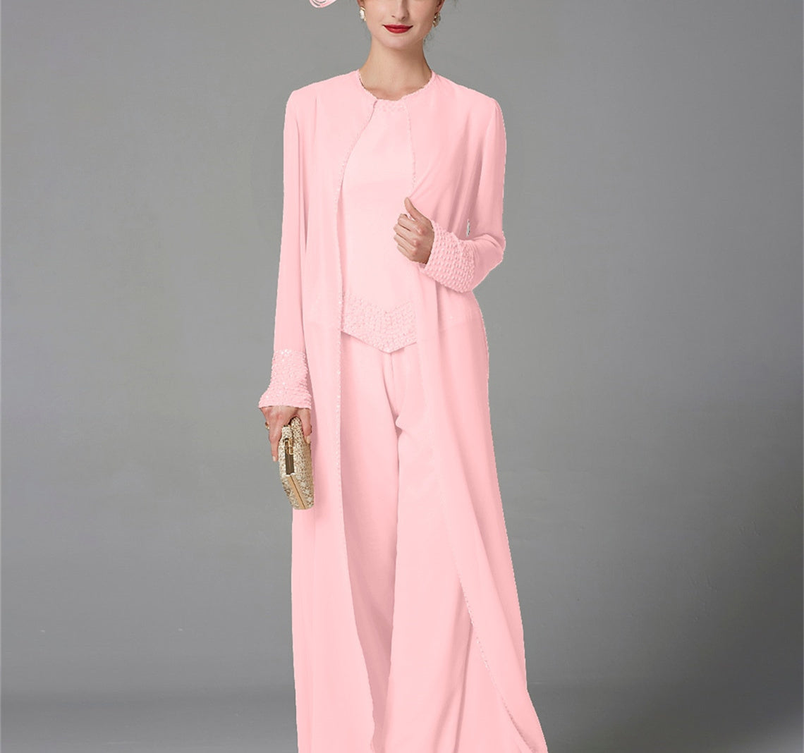 Long-Sleeve Chiffon Mother of the Bride Pantsuit with Jacket and Sequins-BMbridal