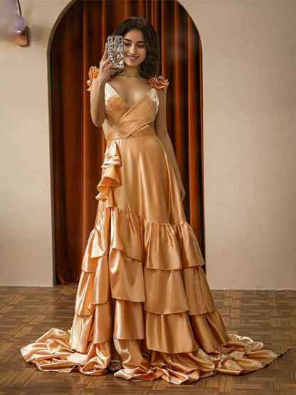 Red A Line V-Neck Ruffle Prom Dress with Slit