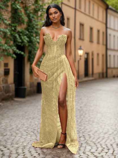 Red Strapless Beaded Fringe Waist Sequin Prom Dress with High Slit