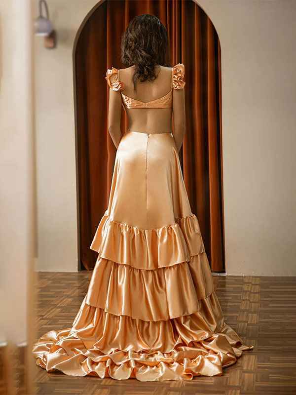 Red A Line V-Neck Ruffle Prom Dress with Slit