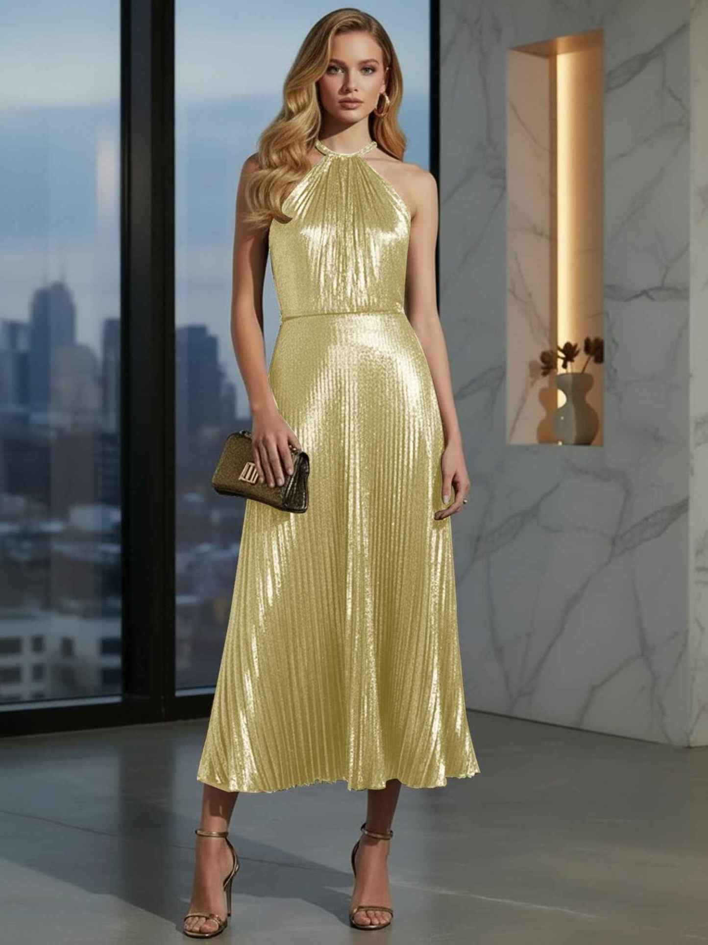 Luxurious Champagne-Gold Pleated Halter Midi Prom Dress