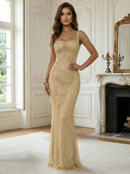 Crystal-Embellished Mermaid Long Prom Dress with Square Neckline