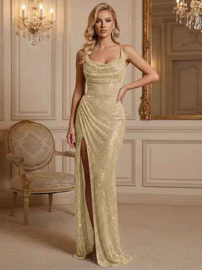 Silver Sequin Cowl Neck Ruched Long Prom Dress with High Slit