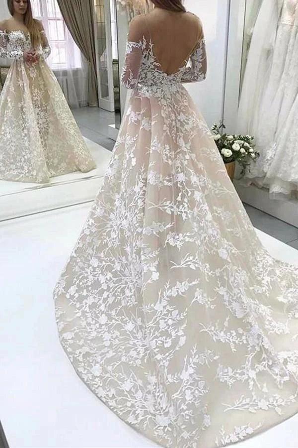 Champagne Long Sleeve Off Shoulder Lace Wedding Dress A-Line Floral Embroidery Chapel Train