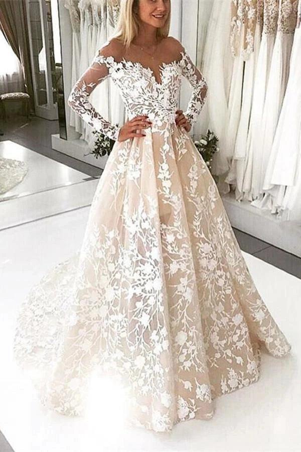 Champagne Long Sleeve Off Shoulder Lace Wedding Dress A-Line Floral Embroidery Chapel Train