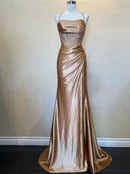 Yellow Mermaid Scoop Neck Satin Long Prom Dress with Slit