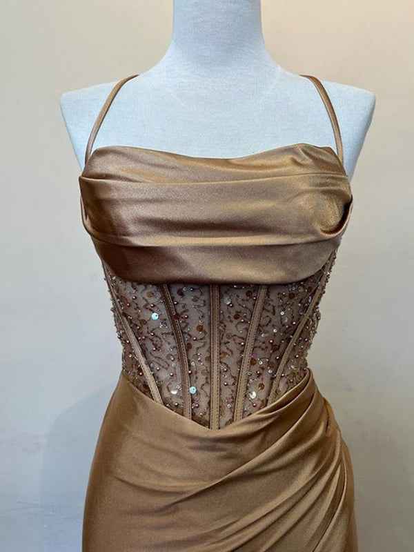 Yellow Mermaid Scoop Neck Satin Long Prom Dress with Slit