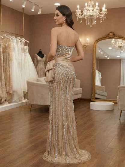 Champagne Strapless Sweetheart Beaded Satin Drape Prom Dress