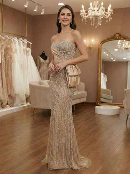 Champagne Strapless Sweetheart Beaded Satin Drape Prom Dress