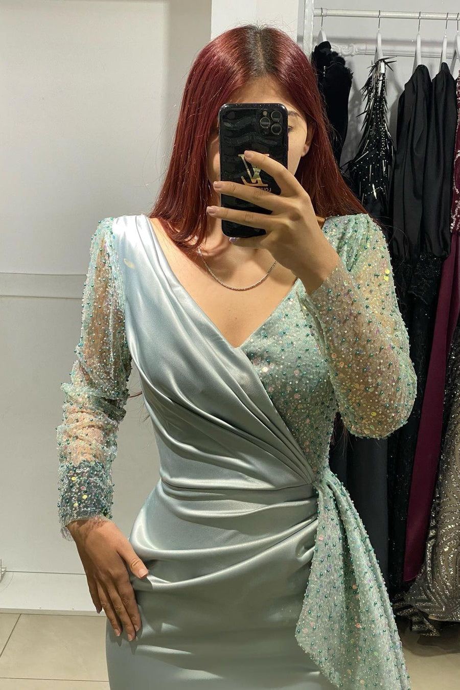 Charming Long V-Neck Long Sleeves Mermaid Prom Dress With Rhinestone-BMbridal.com