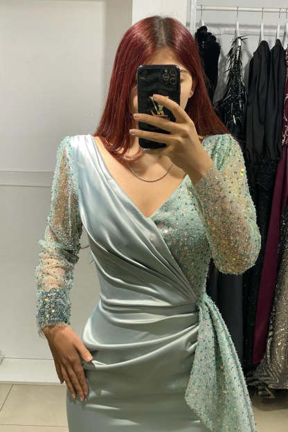 Charming Long V-Neck Long Sleeves Mermaid Prom Dress With Rhinestone-BMbridal.com