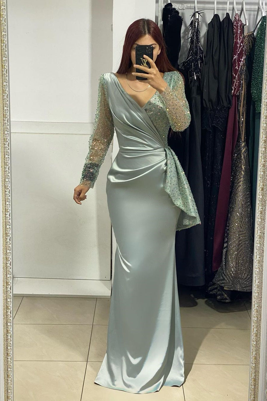 Charming Long V-Neck Long Sleeves Mermaid Prom Dress With Rhinestone-BMbridal.com