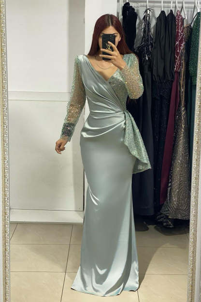 Charming Long V-Neck Long Sleeves Mermaid Prom Dress With Rhinestone-BMbridal.com
