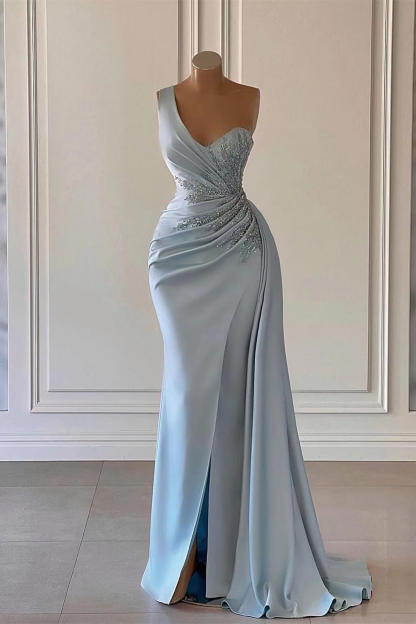 Dusty Blue One Shoulder Long Glitter Evening Dresses